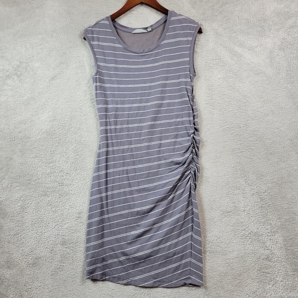 Athleta Grenada Dress Womens Medium Grey Striped Rushed Bodycon